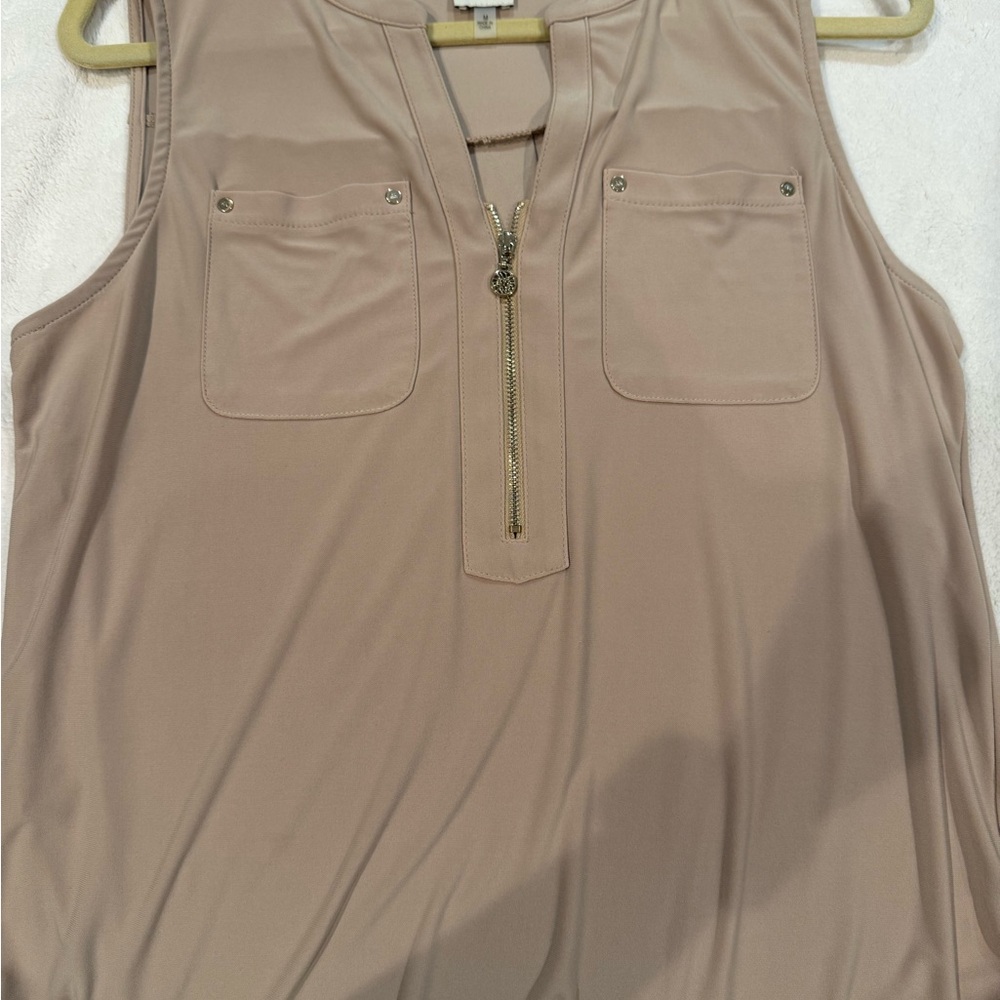 Anne Klein Sleeveless Zip Pocket Tank Top - Taupe